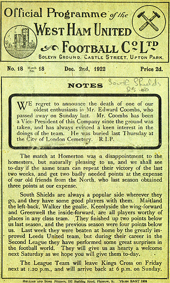 photo of old west ham prog 2nd dec 1922